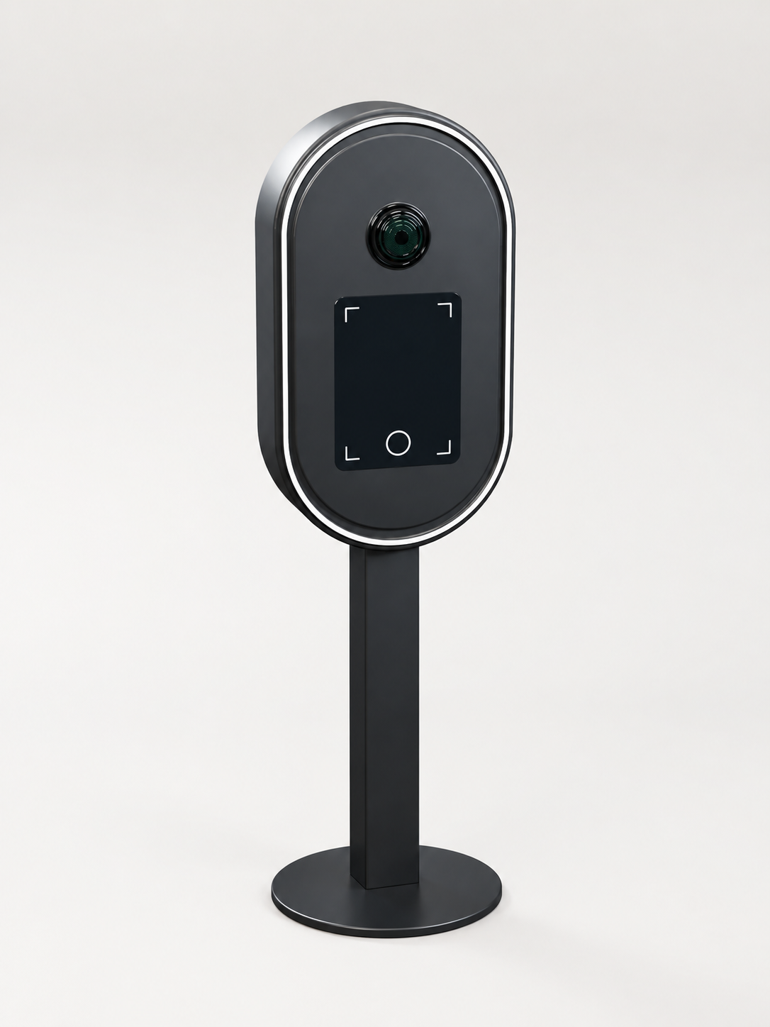 Schwarze ovale Fotobox mit sichtbarem Kameraobjektiv, Touchscreen, beleuchtetem Rahmen, geradem Stand und flacher runder Bodenplatte