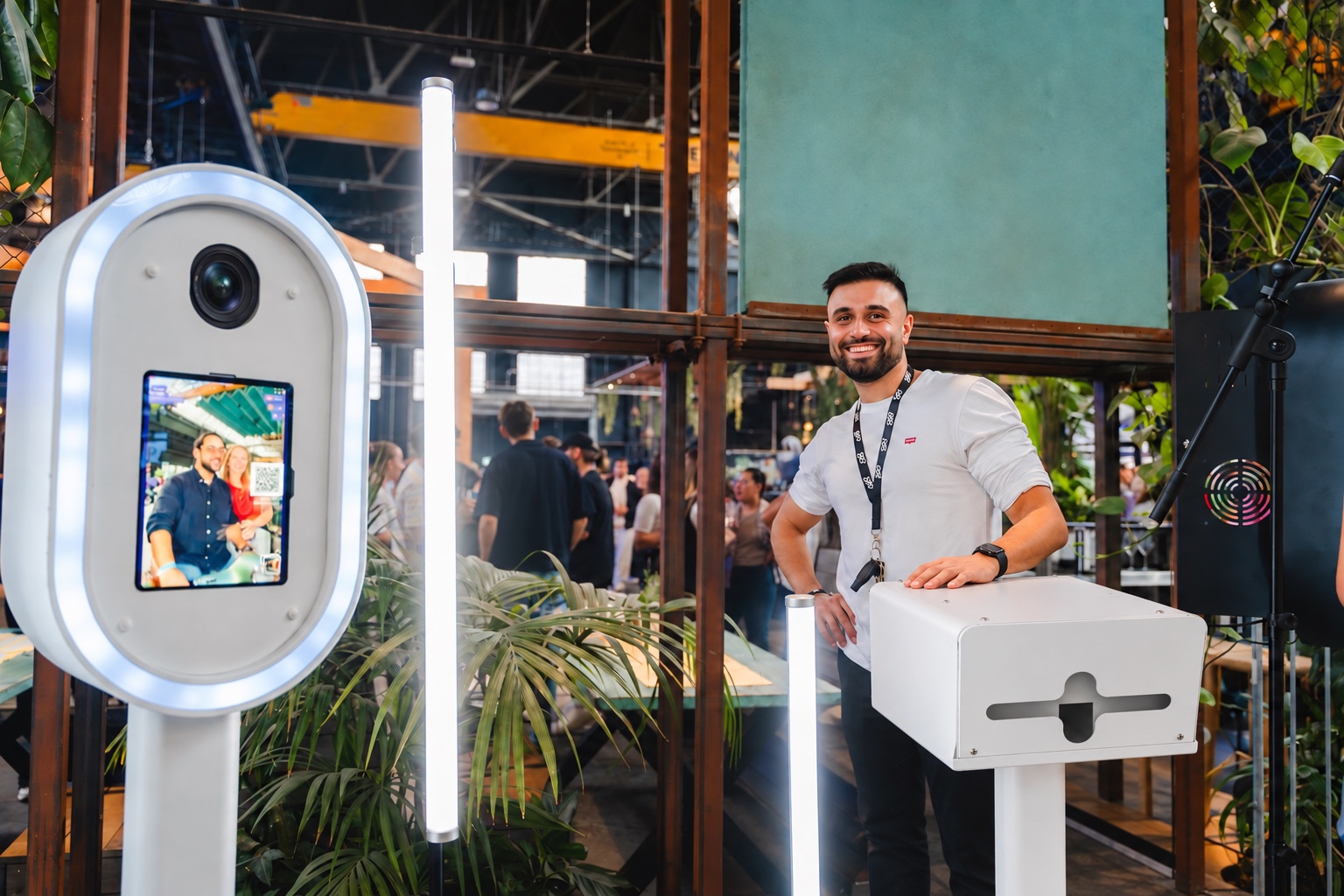 Betreute weiße Fotobox mit sichtbarer Kameralinse und geschlossenem weißem Druckterminal beim WPP Media Sommerfest